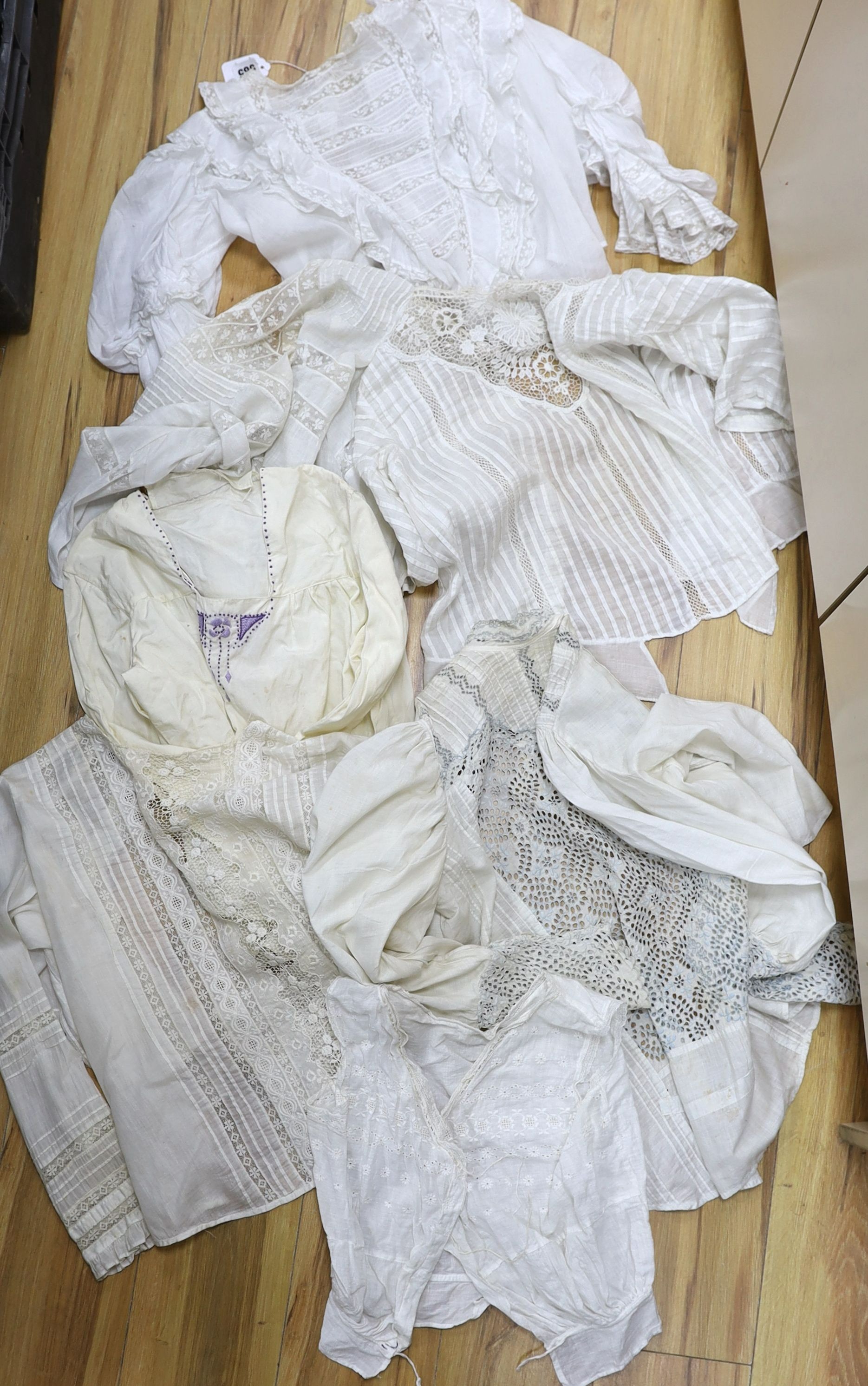 Six Edwardian fine lawn ladies summer blouses with lace and embroidered and pintucked panel and a camisole
